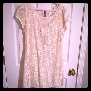 Knitted dove beige crochet dress w/ purple zipper